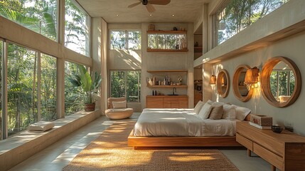 Spacious Bedroom with Tall Ceilings and Large Windows