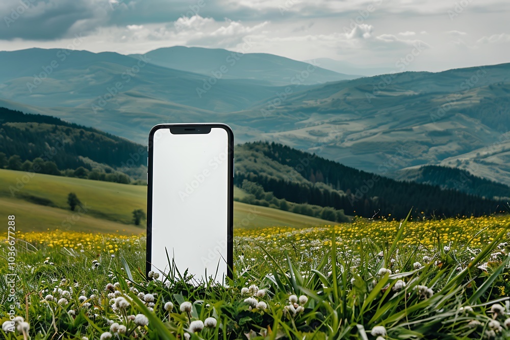 Wall mural realistic pov capture showing a hand holding a mobile phone with a blank white screen open to a mess