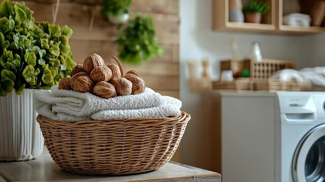 A serene image of soap nuts being used in laundry, showcasing a natural and sustainable alternative to traditional detergents