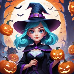 A cartoon witch with blue hair and a black hat stands in front of a background of jack-o'-lanterns and a full moon.