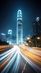 Fototapeta premium Dynamic Nightscape Illuminated Skyscrapers and Flowing Traffic in a Vibrant Cityscape