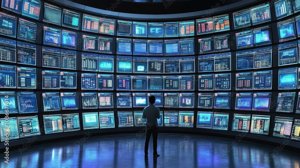 Poster person analyzing data in front of digital display wall