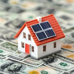 Innovative Home Design Featuring Solar Panels on Currency Background for Sustainable Living