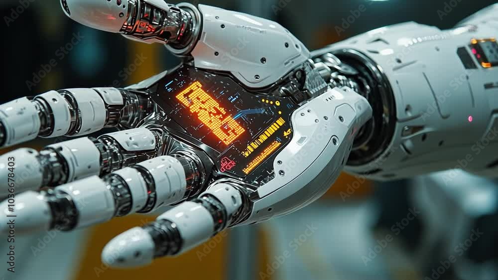 Aufkleber This robotic hand displays complex circuitry and vibrant lights in a modern lab setting. Prosthesis