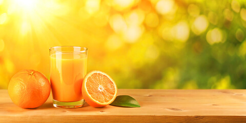 Obraz premium Fresh glass of orange juice with orange slices and whole orange on wooden table, set against blurred greenery and bokeh background No.004