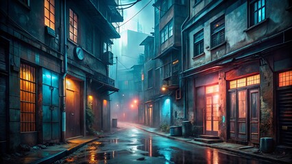 Obraz premium A Narrow, Fog-Shrouded Alleyway Illuminated by Warm and Cool Lights Reflecting in Puddles on the Wet Pavement