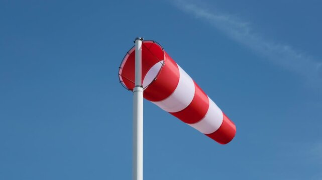 A red and white striped windsock on a pole in strong wind against a blue sky.