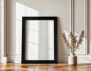 Empty Black Picture Frame on Wooden Floor