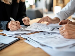 Obraz premium Dynamic Teamwork in Action: Engaging Professionals Analyzing Paperwork - Perfect for a Motivational Office Poster or Inspirational Sports Interior Décor!