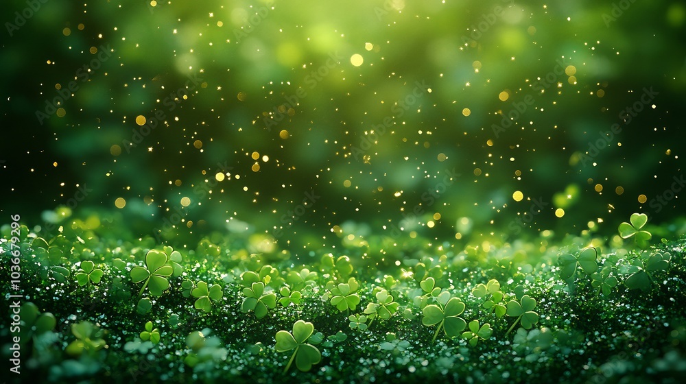 Aufkleber lively green st patrick's day background featuring a cascade of sparkling shamrock shapes creating a