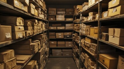 Obraz premium Boxes Stored on High Shelves in Quiet Warehouse