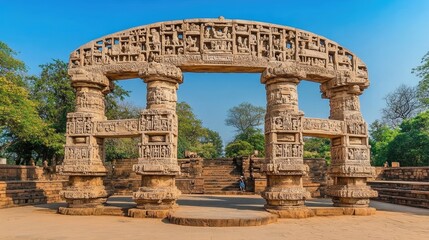 Fototapeta premium Ancient Stone Arch with Intricate Carvings and Nature