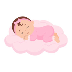 Cute baby girl sleeping on a pink cloud. Concept of newborn comfort sleep. Vector illustration