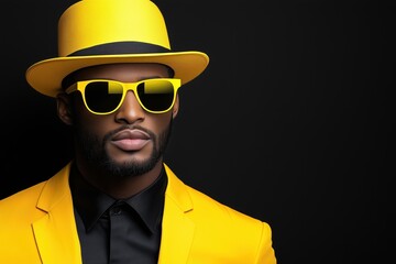 A stylish man showcases vibrant yellow attire and accessories against a dark backdrop. Generative AI