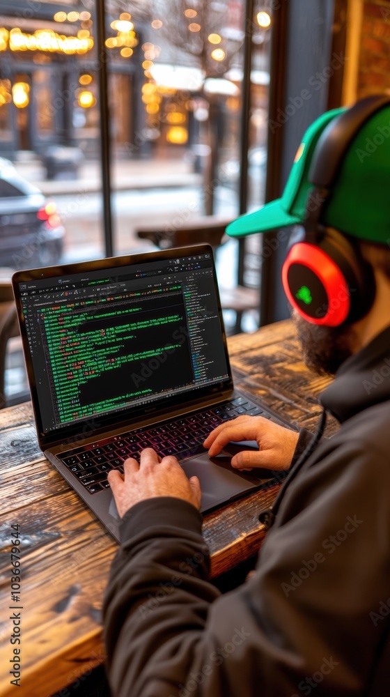 Poster engaging in coding and development in a cozy coffee shop environment