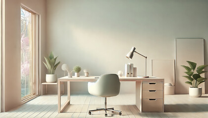 A serene, pastel-toned modern office featuring sleek furniture, soft lighting, and a blurred background.