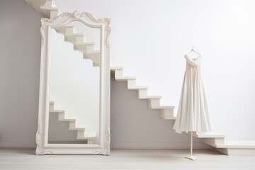 A sleek, frameless mirror in a white dressing room with subtle lighting, white dress hanging on wall ,surrounded by minimal furniture and a soft carpet, evoking elegance and simplicity.
