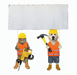 Cat and dog workers holding blank placard