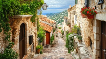 Fototapeta premium Quaint Stone Pathway in Charming Village Setting