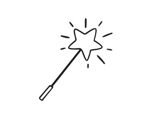 Magic wand hand drawn doodle icon for a fairy. Sketch fabulous and magical Decoration element. Outline drawing. 