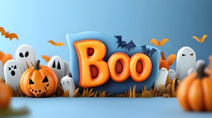 A colorful Halloween-themed scene featuring the word "Boo" surrounded by pumpkins, friendly ghosts, and bats against a blue background.