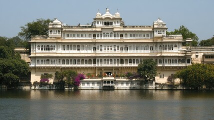 Fototapeta premium Majestic Palace on Serene Lake with Lush Gardens