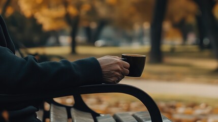 Middle-aged man with slight tremor holding cup of coffee on park bench, symbolizing struggle with Parkinson's disease, calm natural setting.