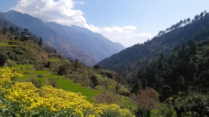 Naklejka premium Serene Mountain Landscape with Blooming Flowers