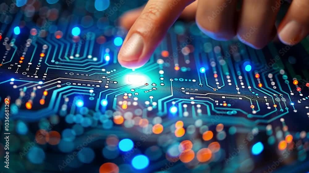 Aufkleber a fingertip gently touches a circuit board covered in glowing lights, illustrating the intricate con