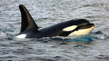 Fototapeta premium A killer whale, or orca, swims in the ocean with its dorsal fin above the water.