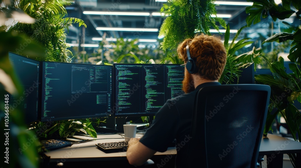 Poster innovative coding environment surrounded by lush greenery and technology