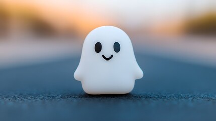Fototapeta premium A cute, minimalist ghost figure smiles cheerfully against a blurred background, evoking a playful and whimsical atmosphere.