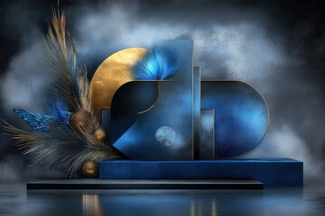 Fototapeta premium abstract geometric composition with blue and gold shapes textured feathers and metallic accents set against a misty background, blending modern design with nature inspired elements for a bold elegance