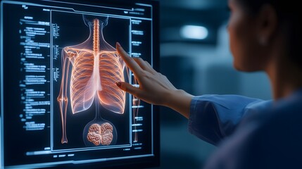 A medical professional examines a detailed lung scan displayed on a screen, highlighting respiratory anatomy and health.