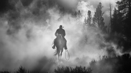 Cowboy riding through misty forest