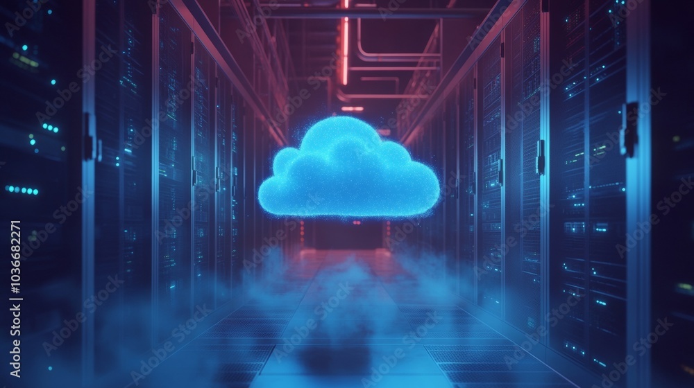 Poster cloud technology. a blue cloud hovering in a server room, symbolizing digital transformation