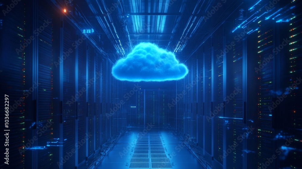 Poster cloud technology. a blue cloud hovering in a server room, symbolizing digital transformation