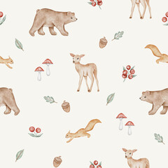 Watercolor seamless pattern with forest animals deer,  bear, squirrel and natural elements. Deer, , plant, leaf, flowers. Woodland creatures in the wild. Illustration for nursery, wallpaper