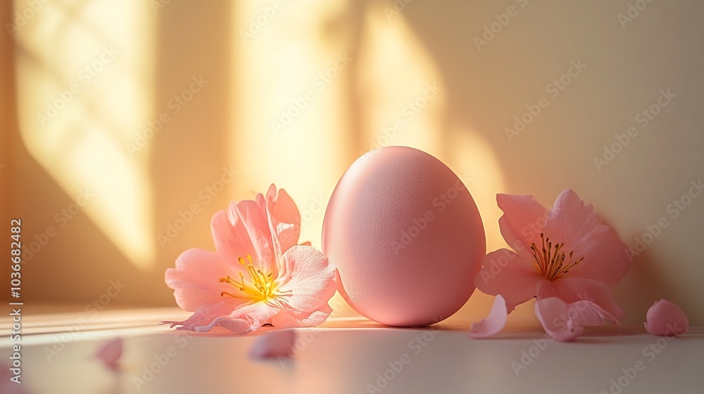Poster minimal setup with a soft pink easter egg and a few petals on a smooth pale yellow background the ba