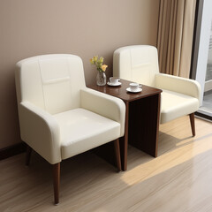 A sleek, modern yellow,black and white armchairs with clean lines and soft beige upholstery, placed in a bright white room with minimal decor