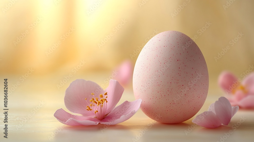 Aufkleber minimal setup with a soft pink easter egg and a few petals on a smooth pale yellow background the ba