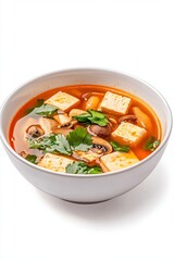 Flavorful tofu and mushroom soup in a white bowl