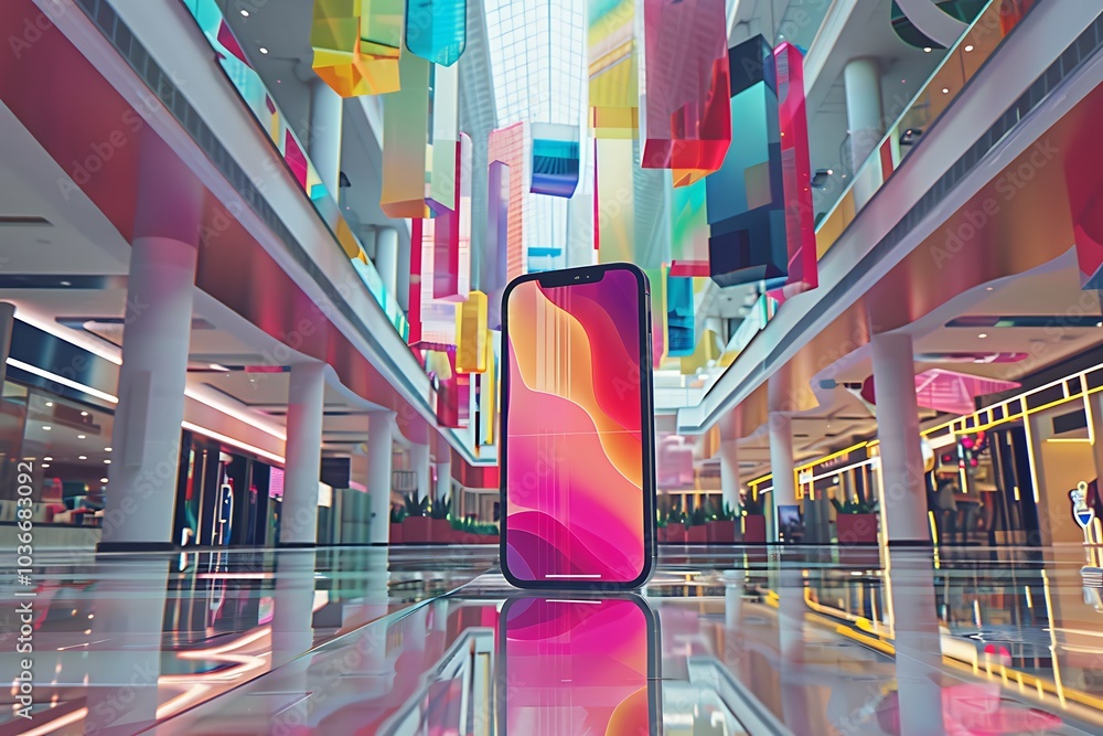 Wall mural realistic pov capture showing a hand holding a mobile phone with a blank white screen open to a mess
