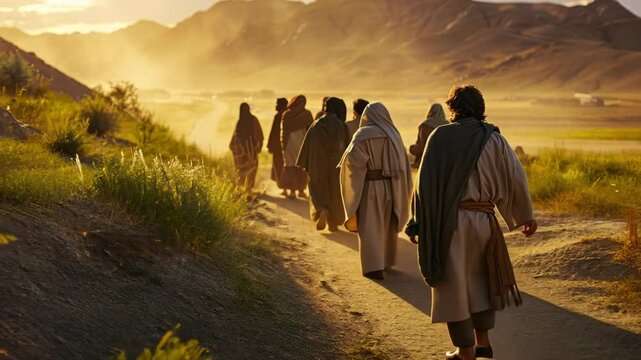 Biblical scene showing Jesus walking with his disciples through a desert landscape, discussing God word