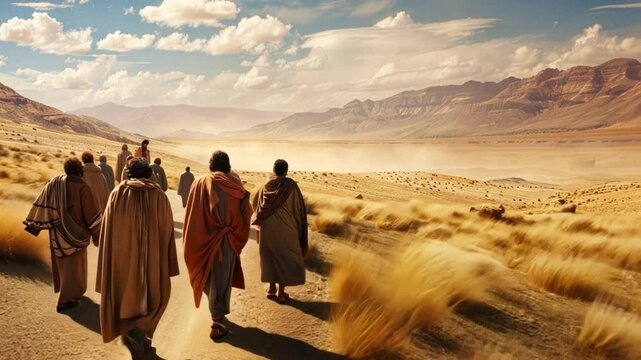 Biblical scene showing Jesus walking with his disciples through a desert landscape, discussing God word.