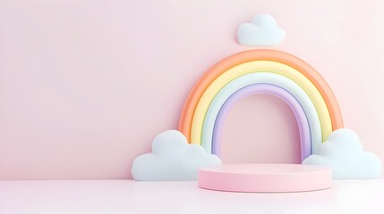 Pastel Podium with Whimsical 3D Rainbow in Minimalist Background