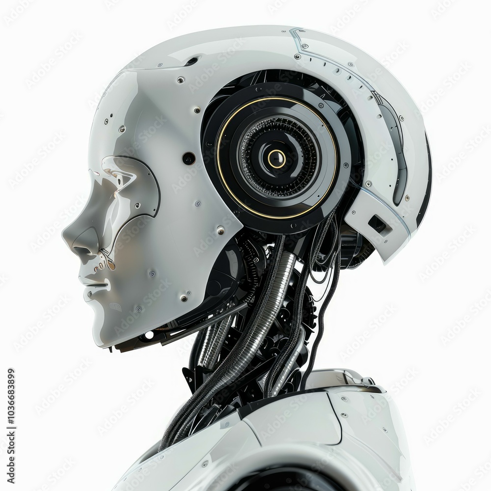 Poster profile view of a white and black robot showing artificial intelligence