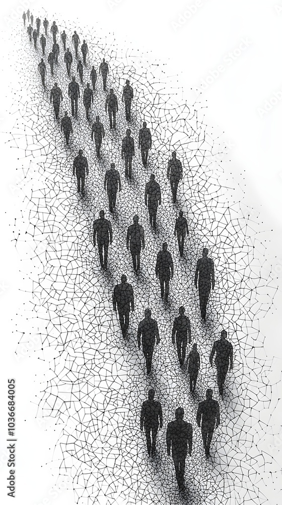 Poster a series of silhouetted figures walk in a linear pattern, creating a visual representation of unity 