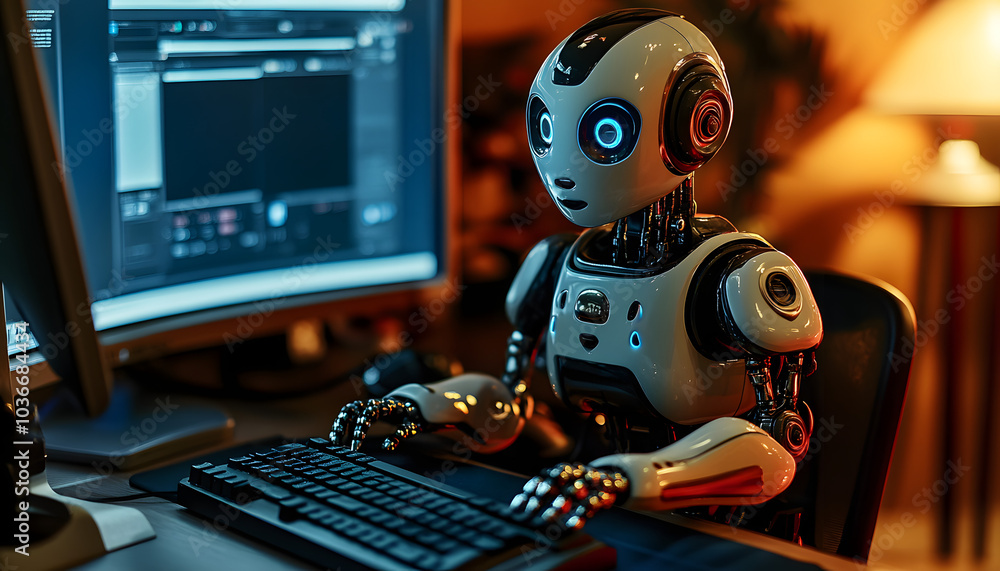 Poster a robot is sitting at a computer keyboard
