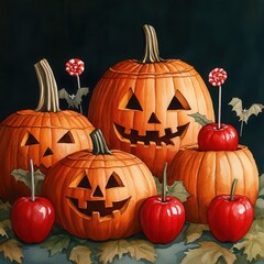 Obraz premium Watercolor Halloween concept with candy apple and pumpkin. A festive Halloween scene featuring carved pumpkins red apples and candy lollipops evoking seasonal spirit and celebration